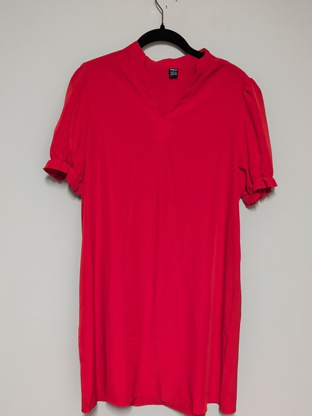 SHEIN Bright Red V-Notch Puff Sleeve Mini Dress